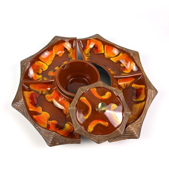 VTG MCM California Pottery Sequoia Ware 4 pc Condiment Relish Chip Dip Set Lava - Picture 3 of 12